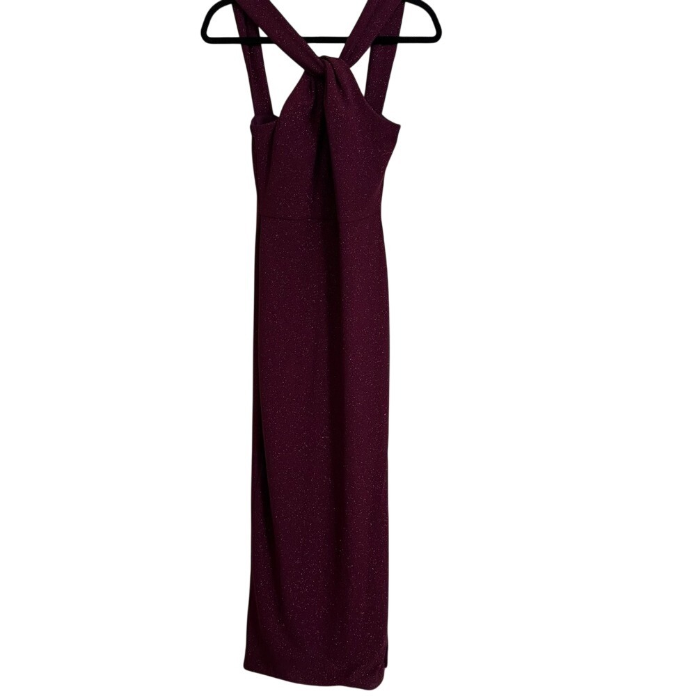 Bebe Burgundy Metallic Shimmer Knot Front Halter Maxi Dress 2